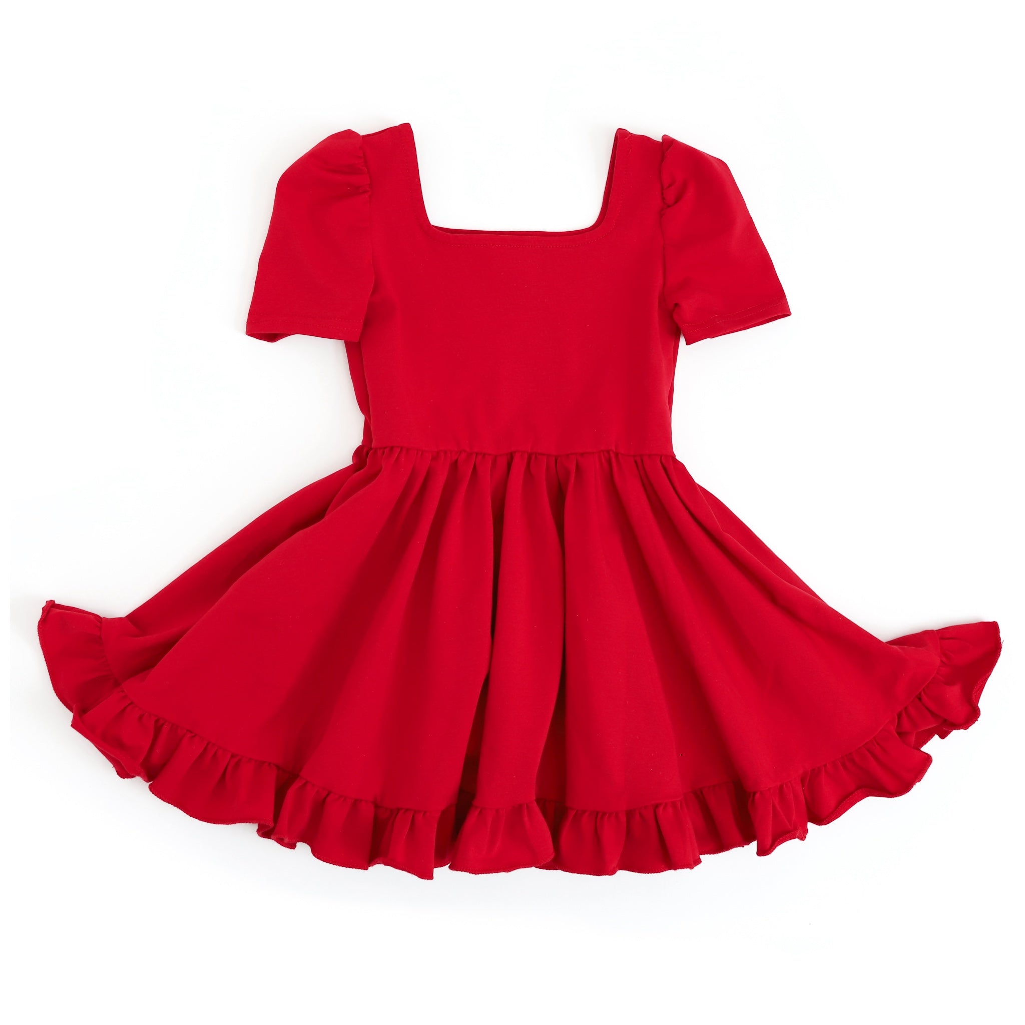 little girls Christmas party dress in classic red cotton with square neckline and puff sleeve