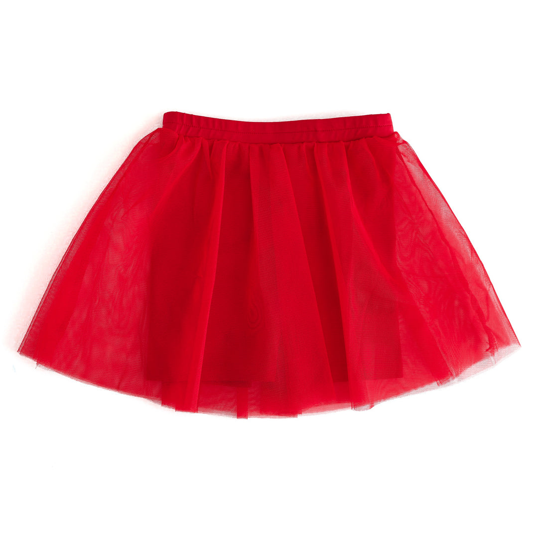 girls red tutu skirt with stretchy waistband and built in biker shorts for 4th of July and summer