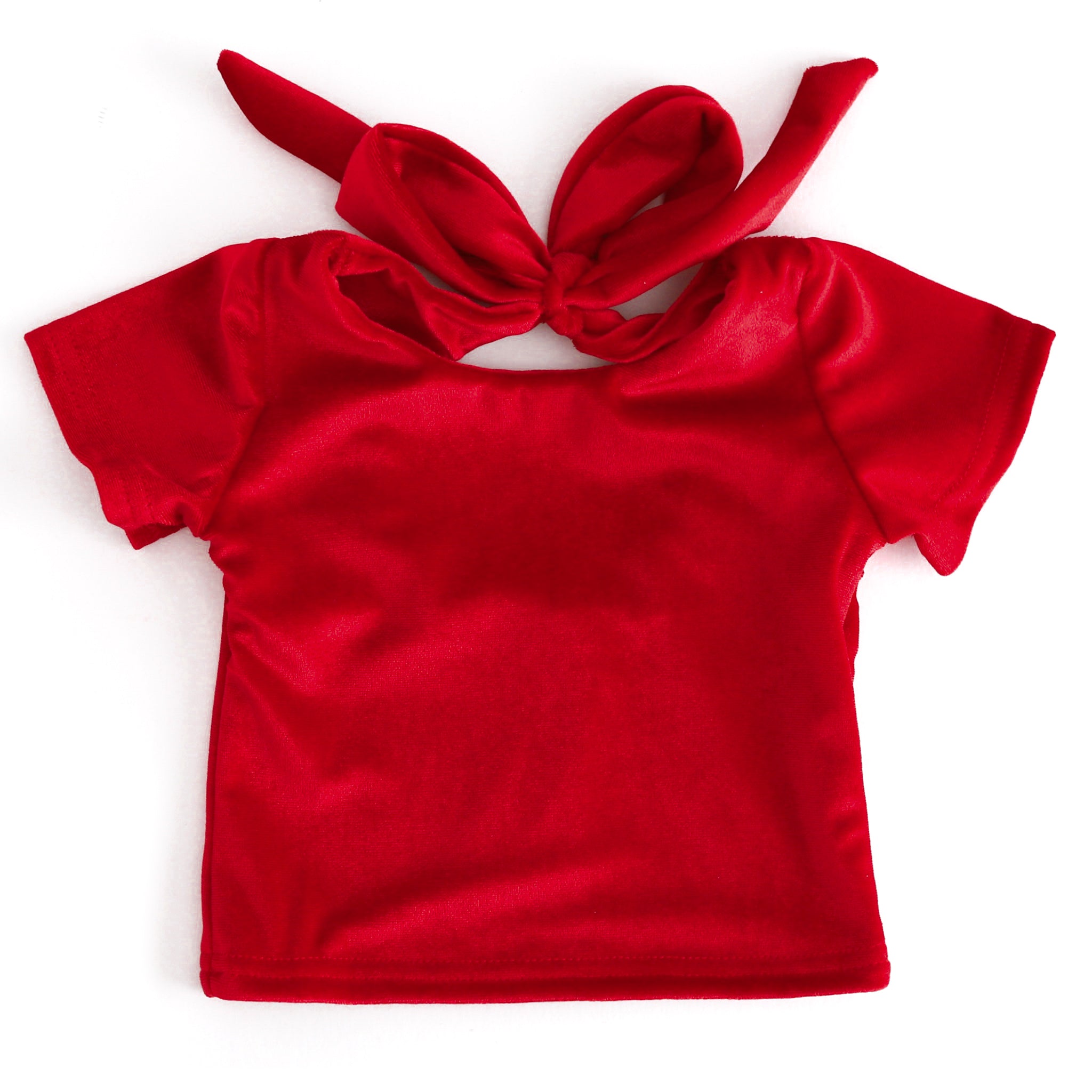 girls bright red velvet fitted top with short sleeves and keyhole back tied at the neck with a bow