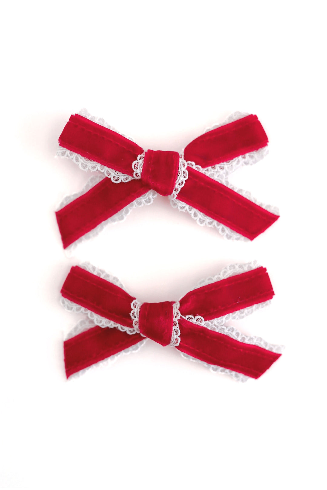 red velvet with white lace trim pigtail hair bows for girls