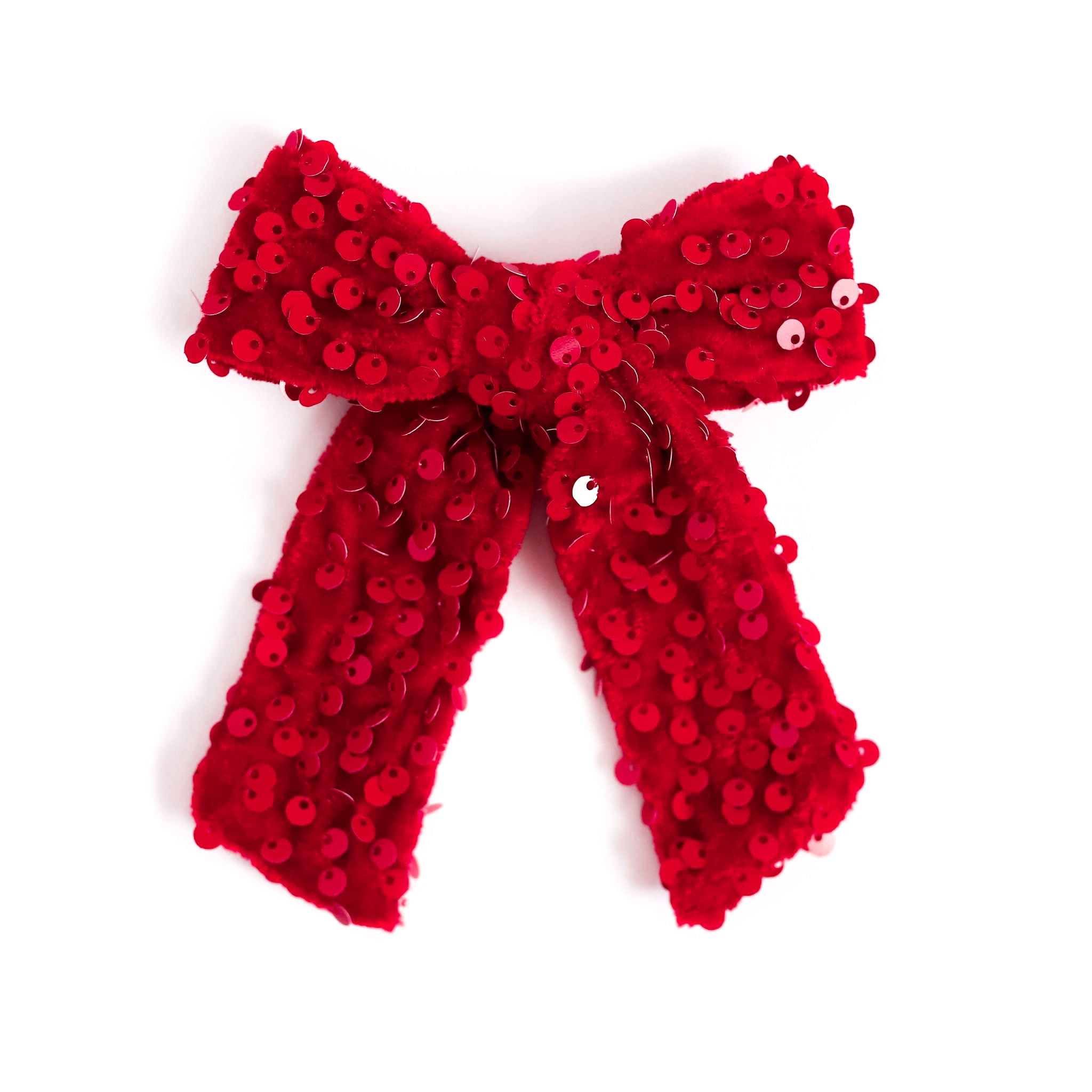 girls hand tied red velvet Valentine's bow on clip with red sequins