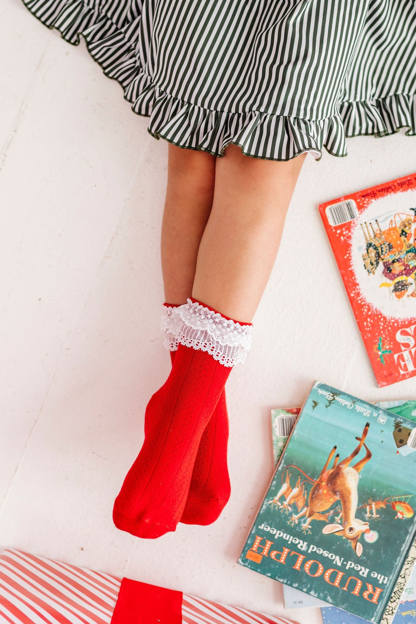 christmas bobby socks, bright red pointelle sock with fancy white lace