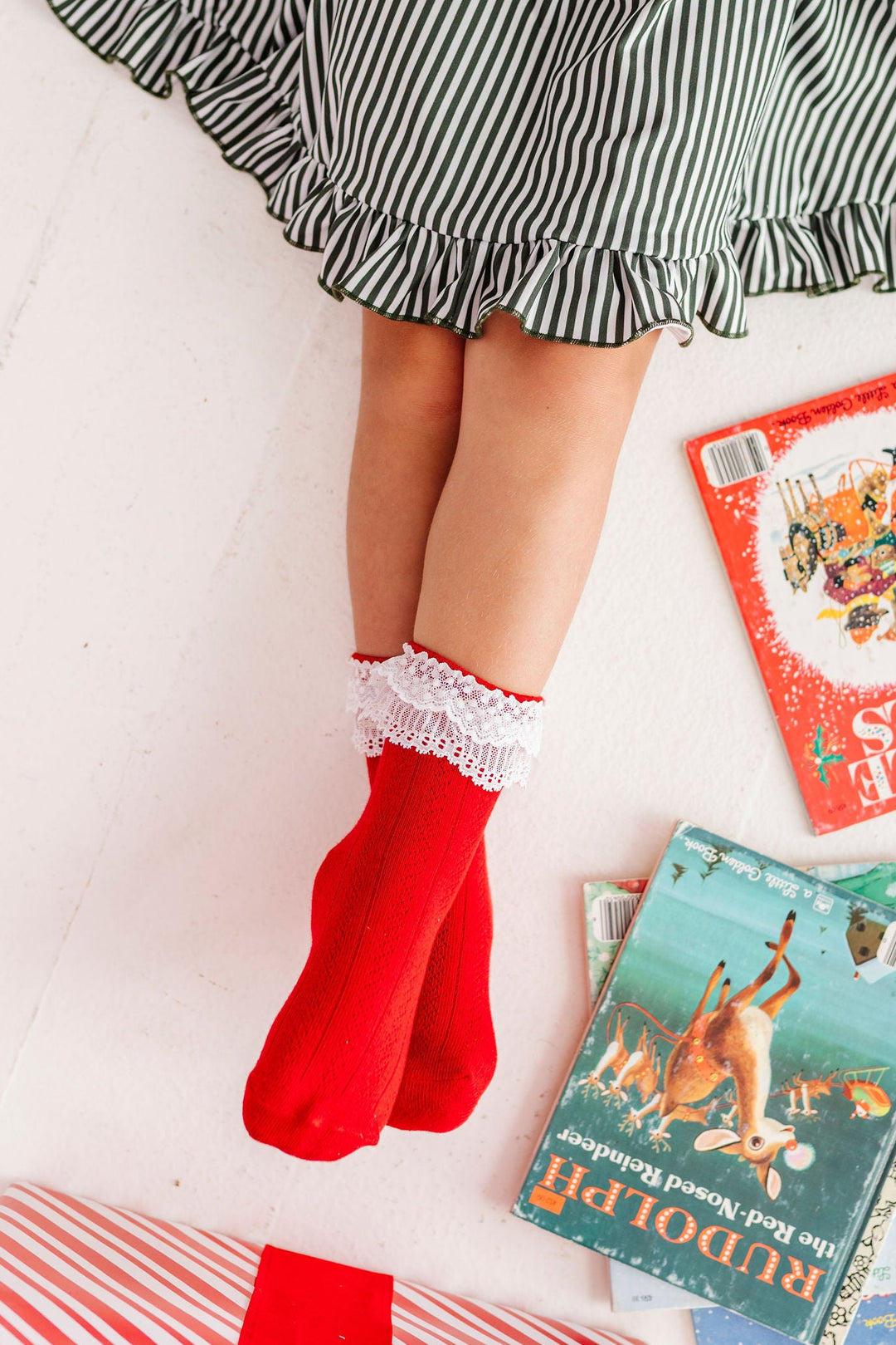 christmas bobby socks, bright red pointelle sock with fancy white lace