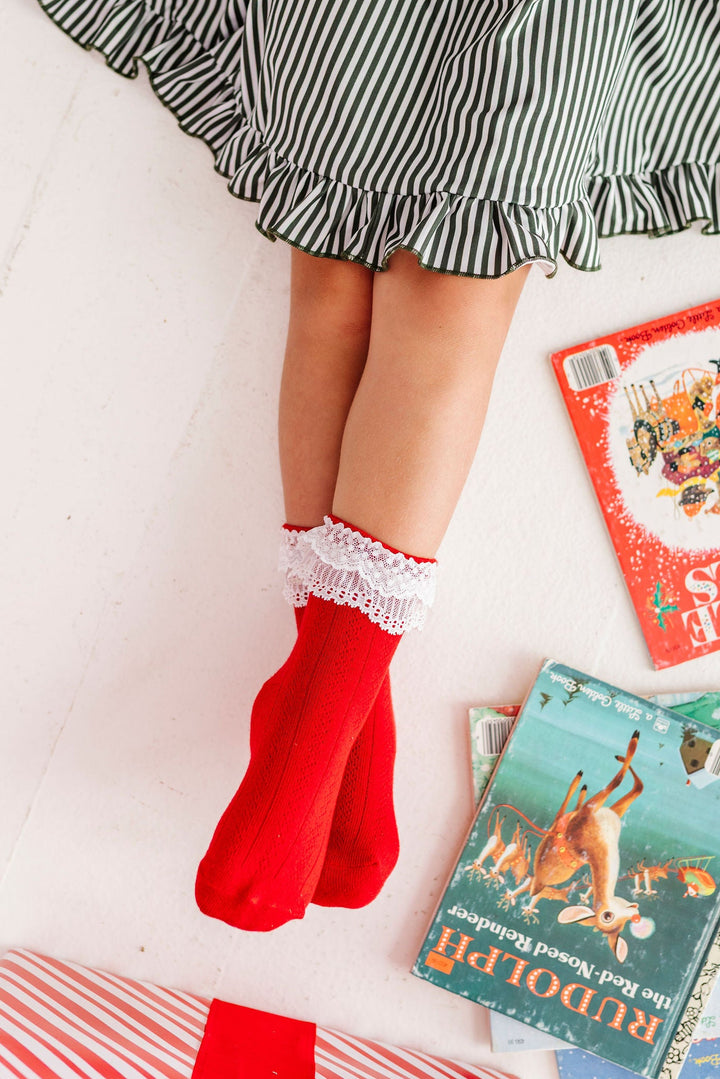 christmas bobby socks, bright red pointelle sock with fancy white lace