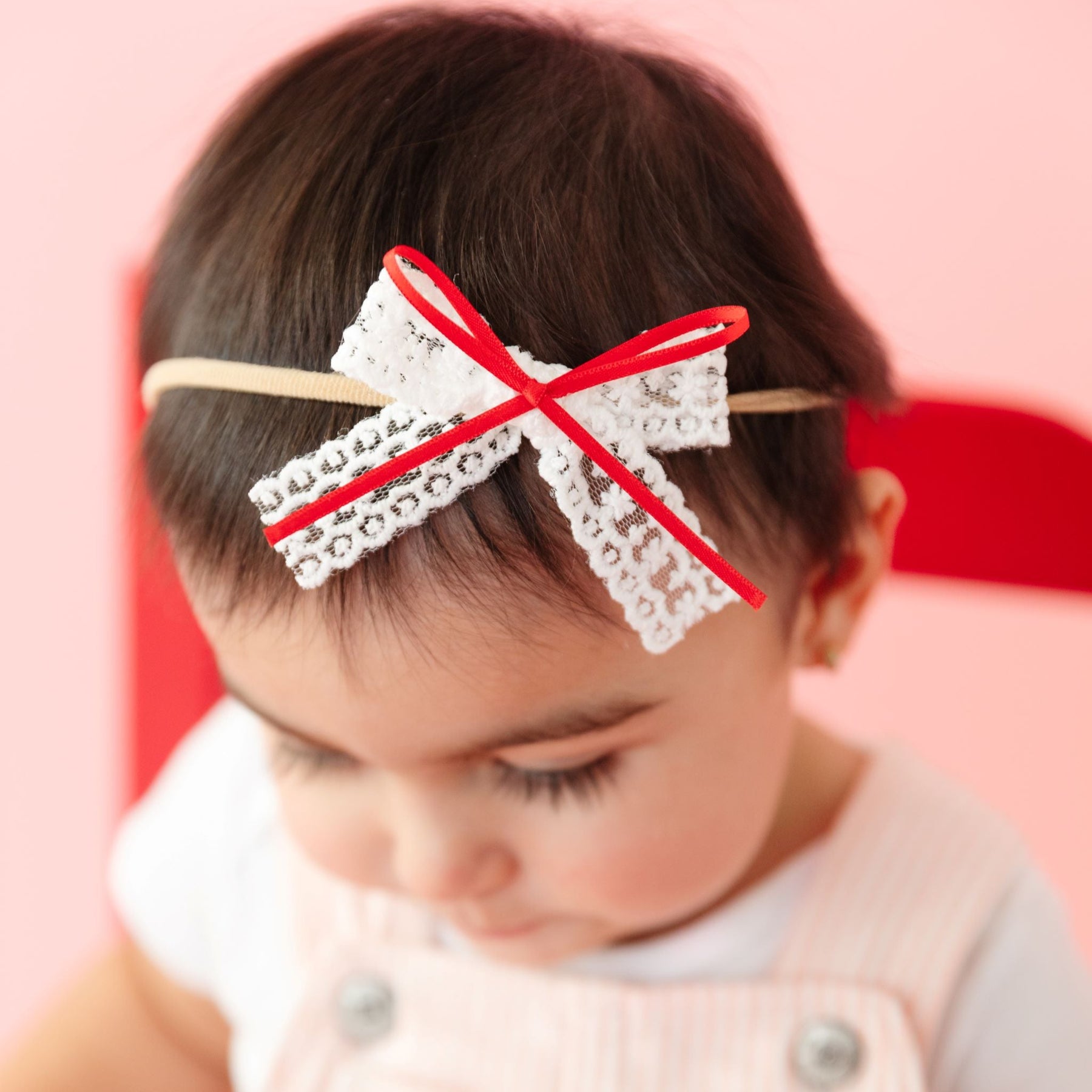 Ribbon & Lace Baby Bow - White/Red – Little Stocking Company
