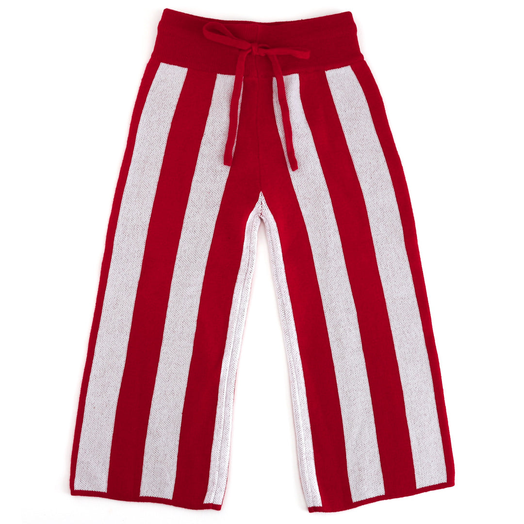 children's cotton knit sweater pants in red and white stripes with drawstring waistband