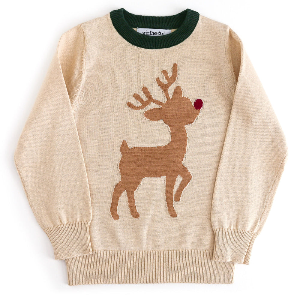 vintage Christmas sweater in cream with light brown Rudolph silhouette and deep green trim at the neckline