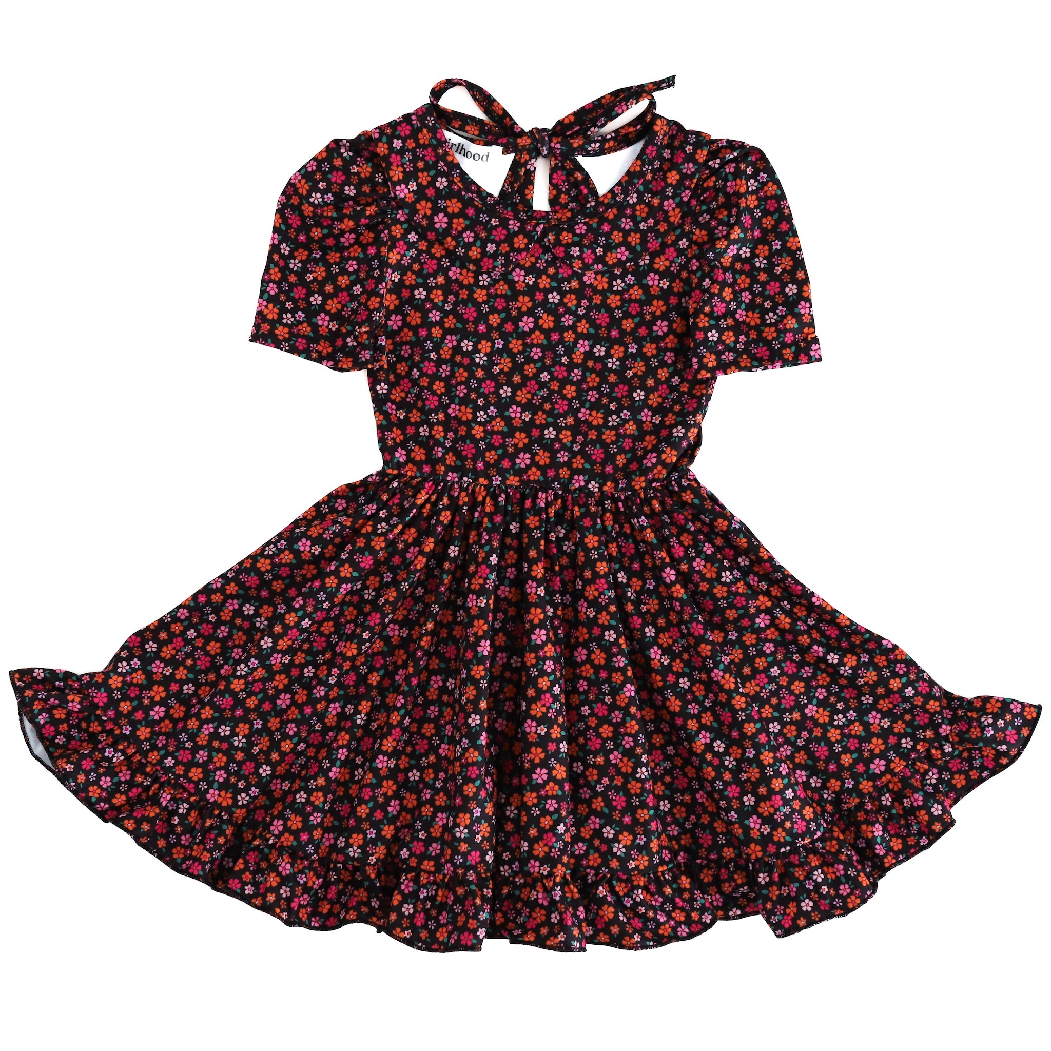 girls' petite pink and orange floral print on black twirl dress with peter pan collar, short sleeves and ruffled hem photographed on white background