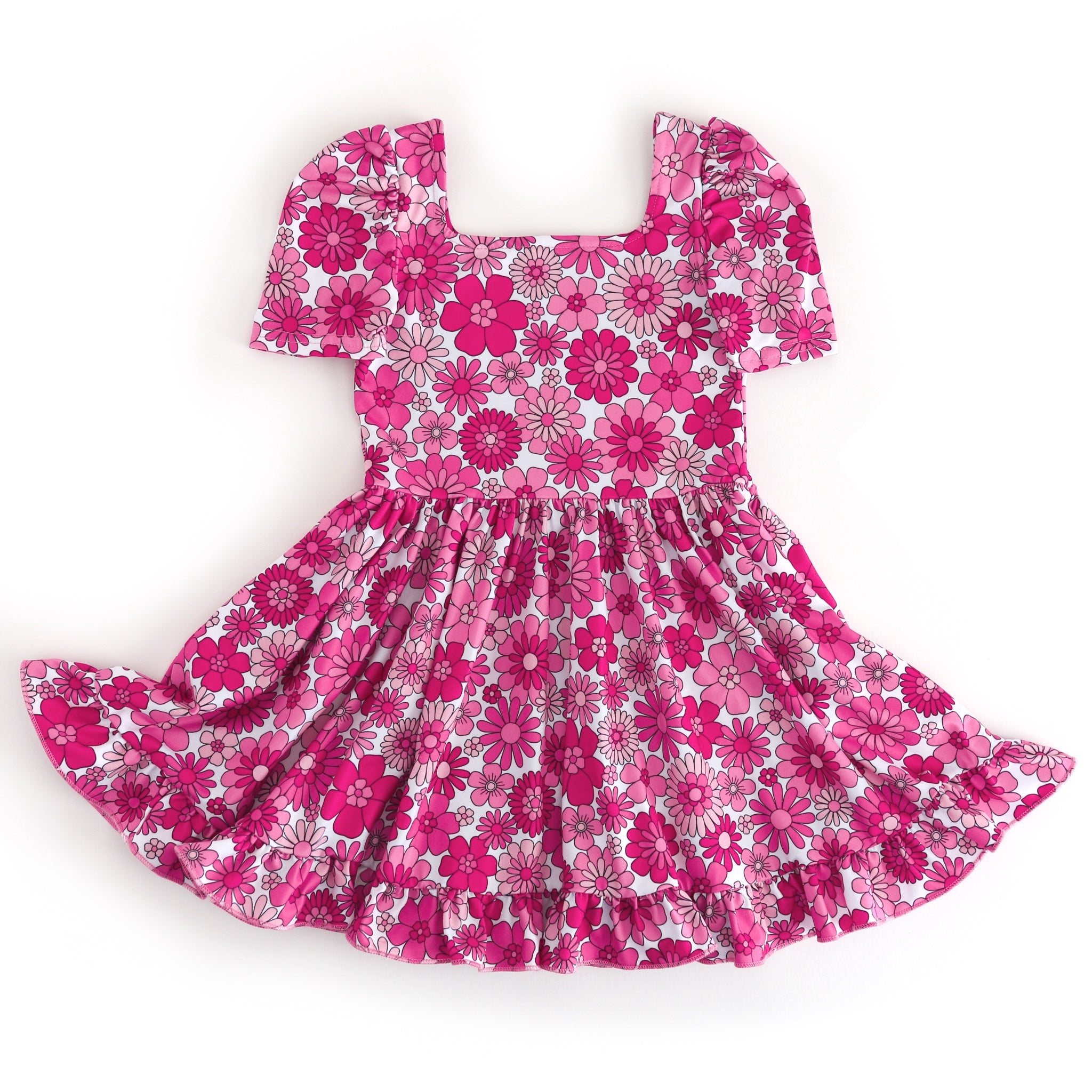 girls' pink short sleeve, square neck twirl dress with retro floral print in shades of pink