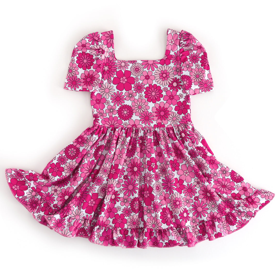 girls' pink short sleeve, square neck twirl dress with retro floral print in shades of pink