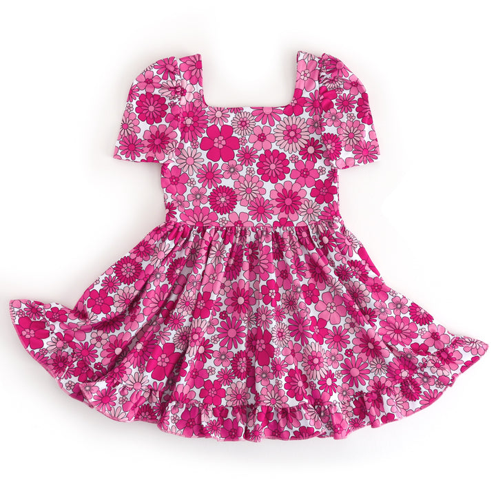 girls' pink short sleeve, square neck twirl dress with retro floral print in shades of pink