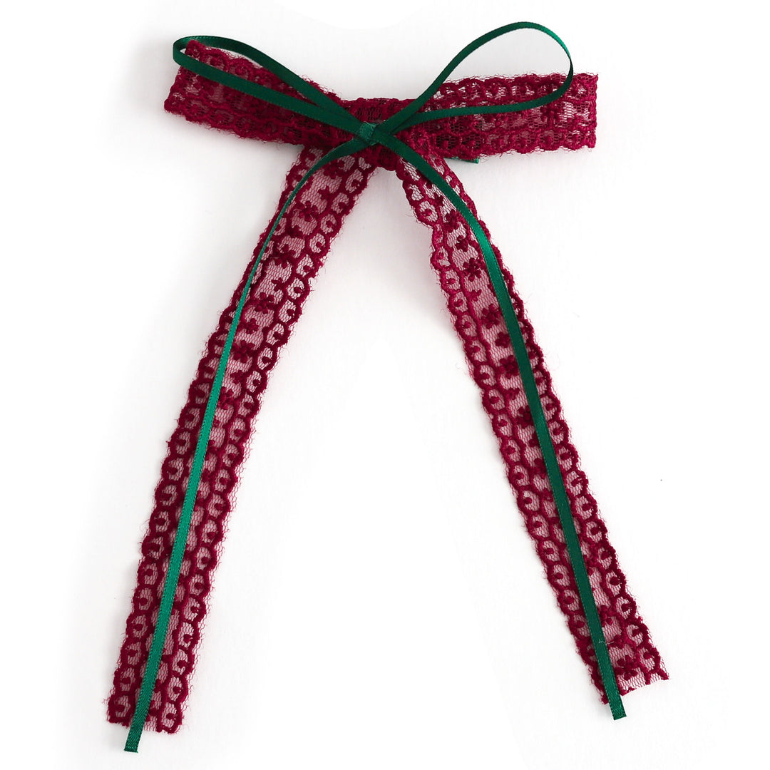 girls christmas hair bow, crimson lace with layered forest green ribbon