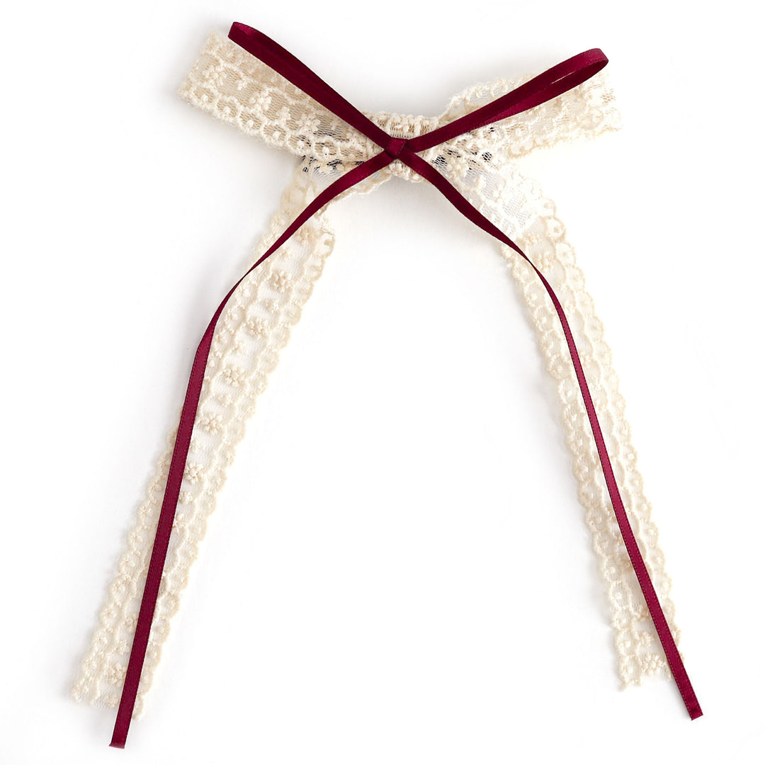 girls ribbon and lace layered hair bow, cream lace with crimson ribbon