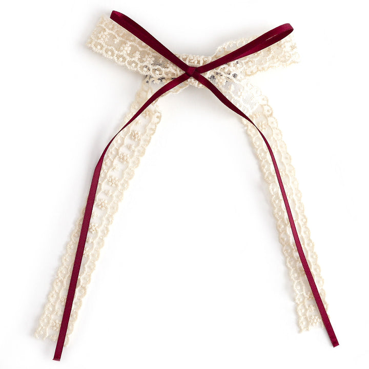 girls ribbon and lace layered hair bow, cream lace with crimson ribbon