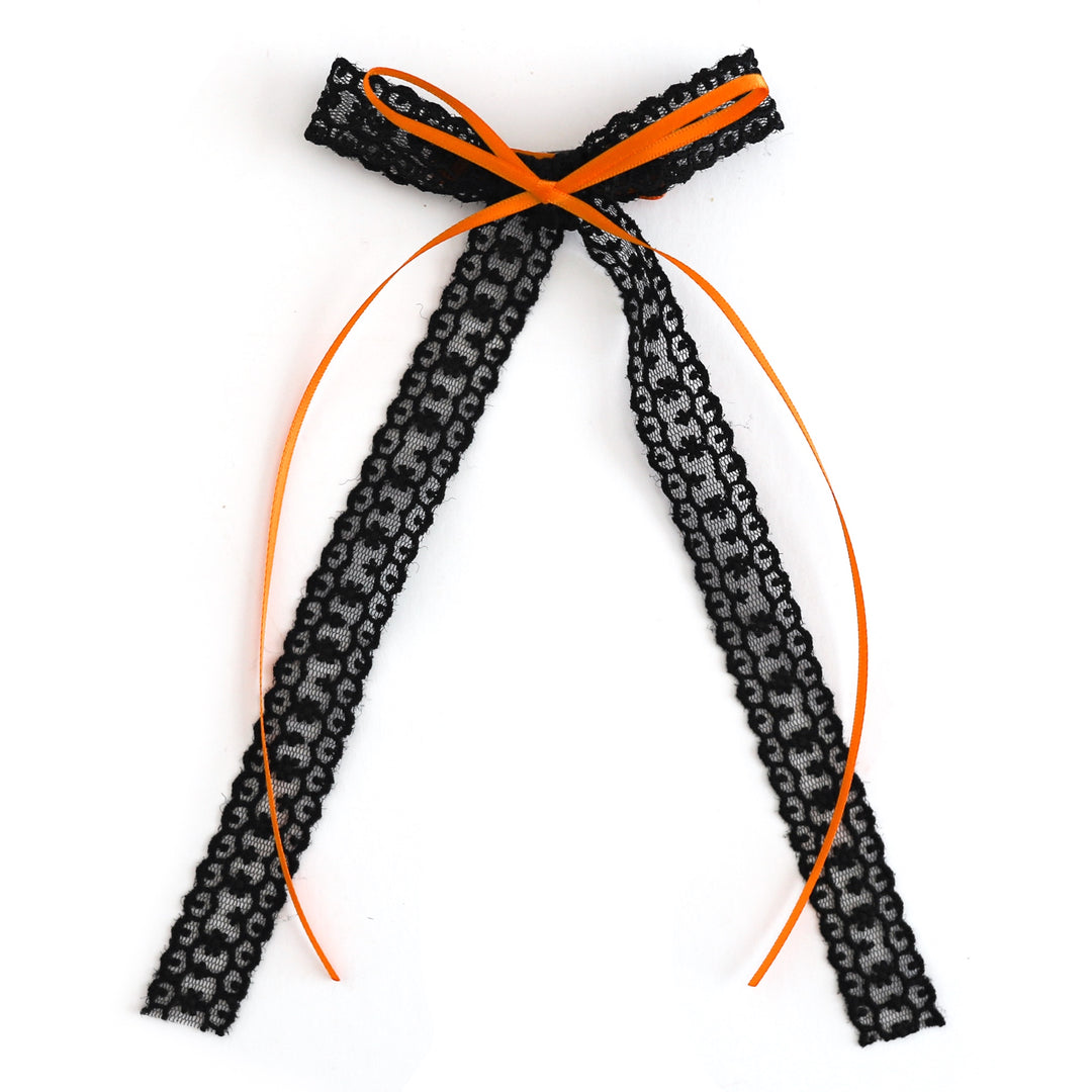 girl's long tail black lace bow on clip layered with orange ribbon bow for Halloween