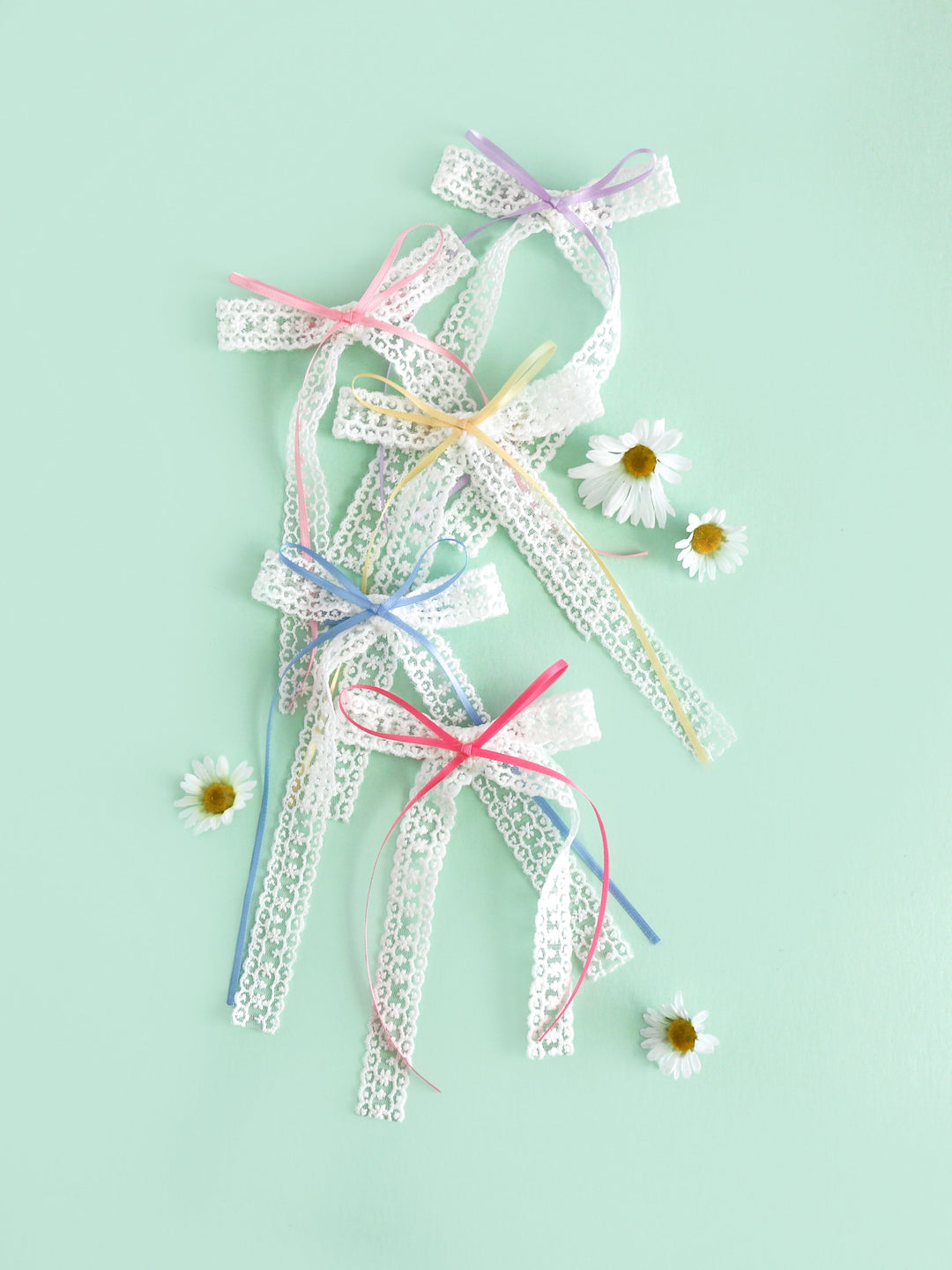 girls' white long tail lace hair bows with satin ribbon accents in five spring pastels