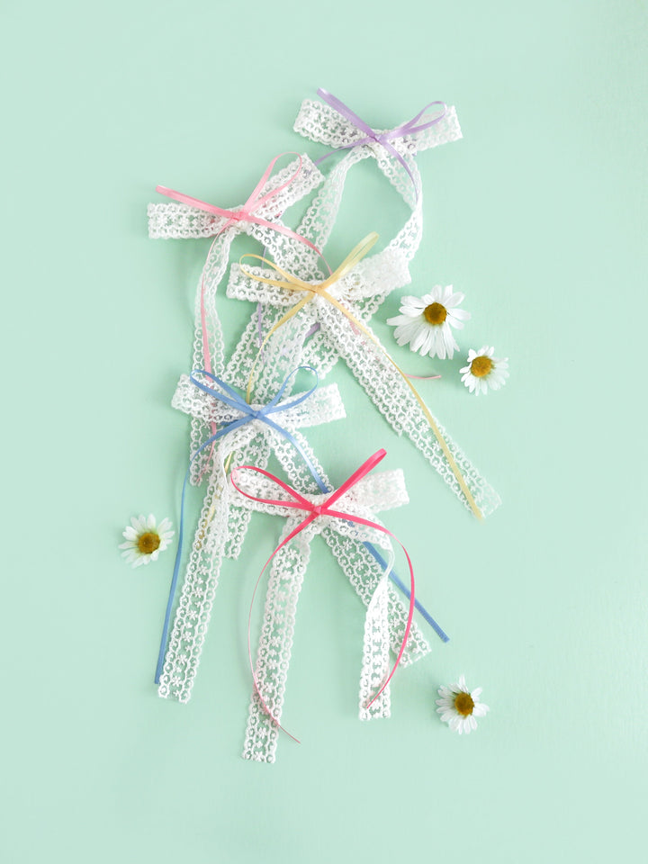 girls' white long tail lace hair bows with satin ribbon accents in five spring pastels