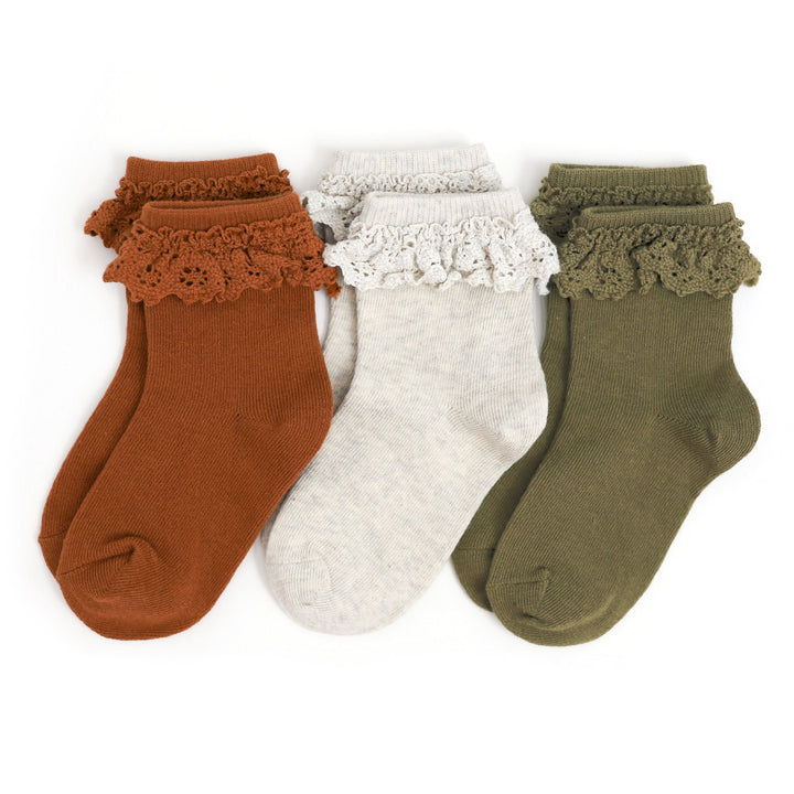 fall neutral lace top midi socks in sugar almond, heathered ivory and olive green