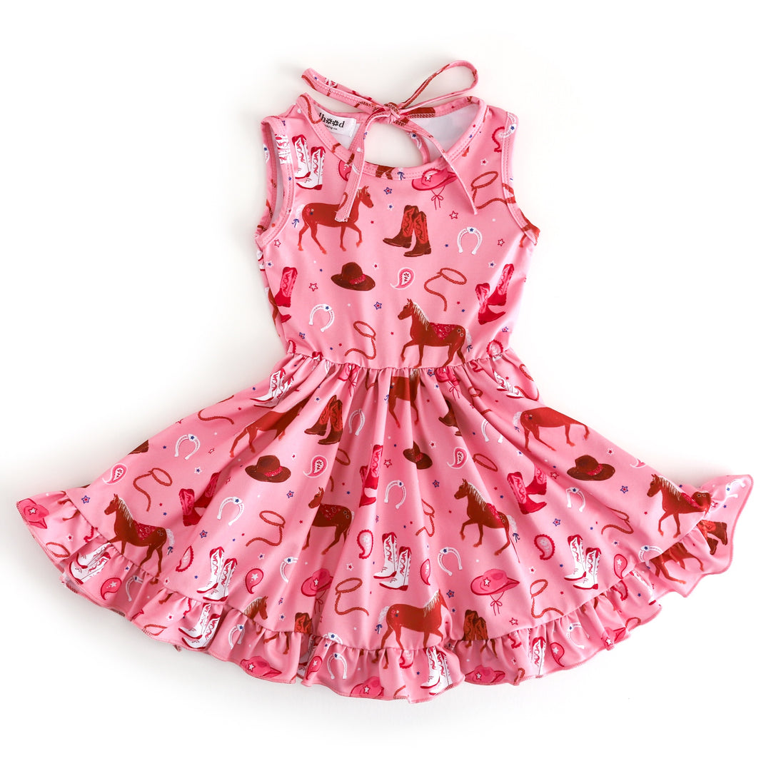 girls' pink sleeveless twirl dress with rodeo inspired print
