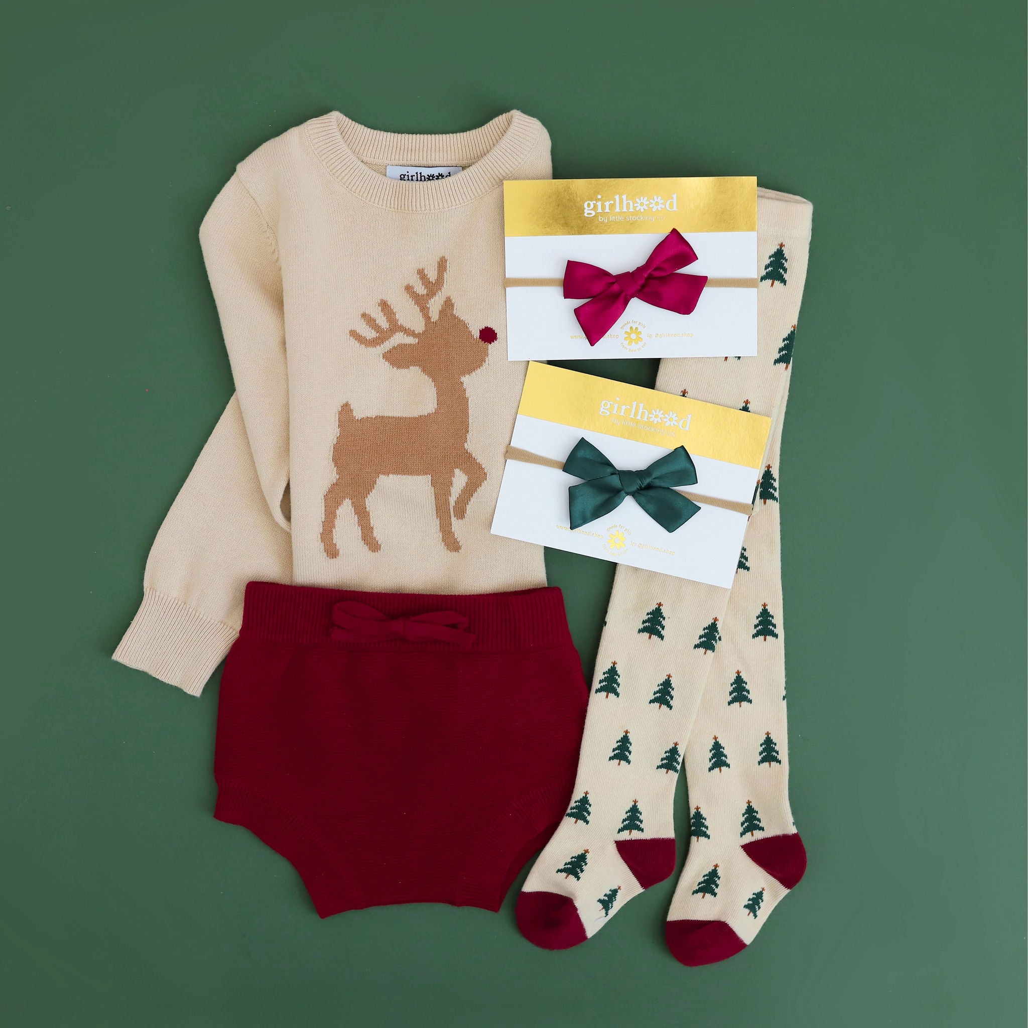 baby girls christmas sweater set with rudolph reindeer and matching bloomers and accessories