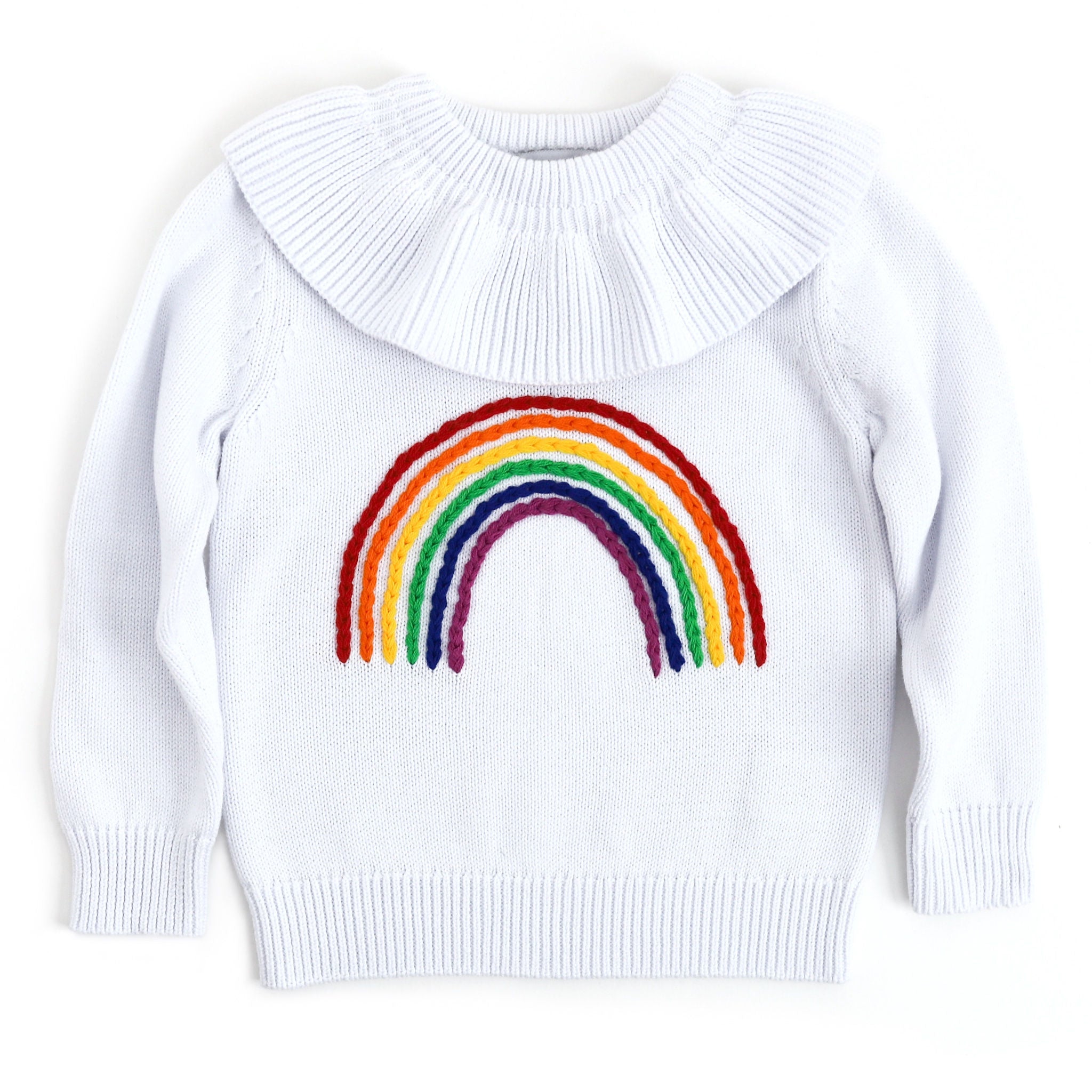 kids white knit sweater with ruffle collar and embroidered rainbow design on front