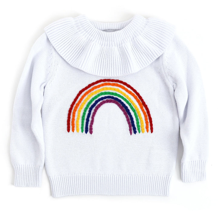 kids white knit sweater with ruffle collar and embroidered rainbow design on front