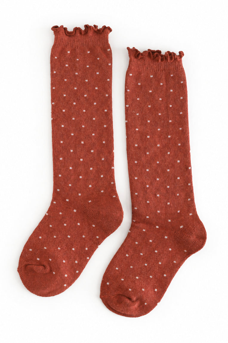 girls rust knee socks with cream dots and lettuce trim for fall