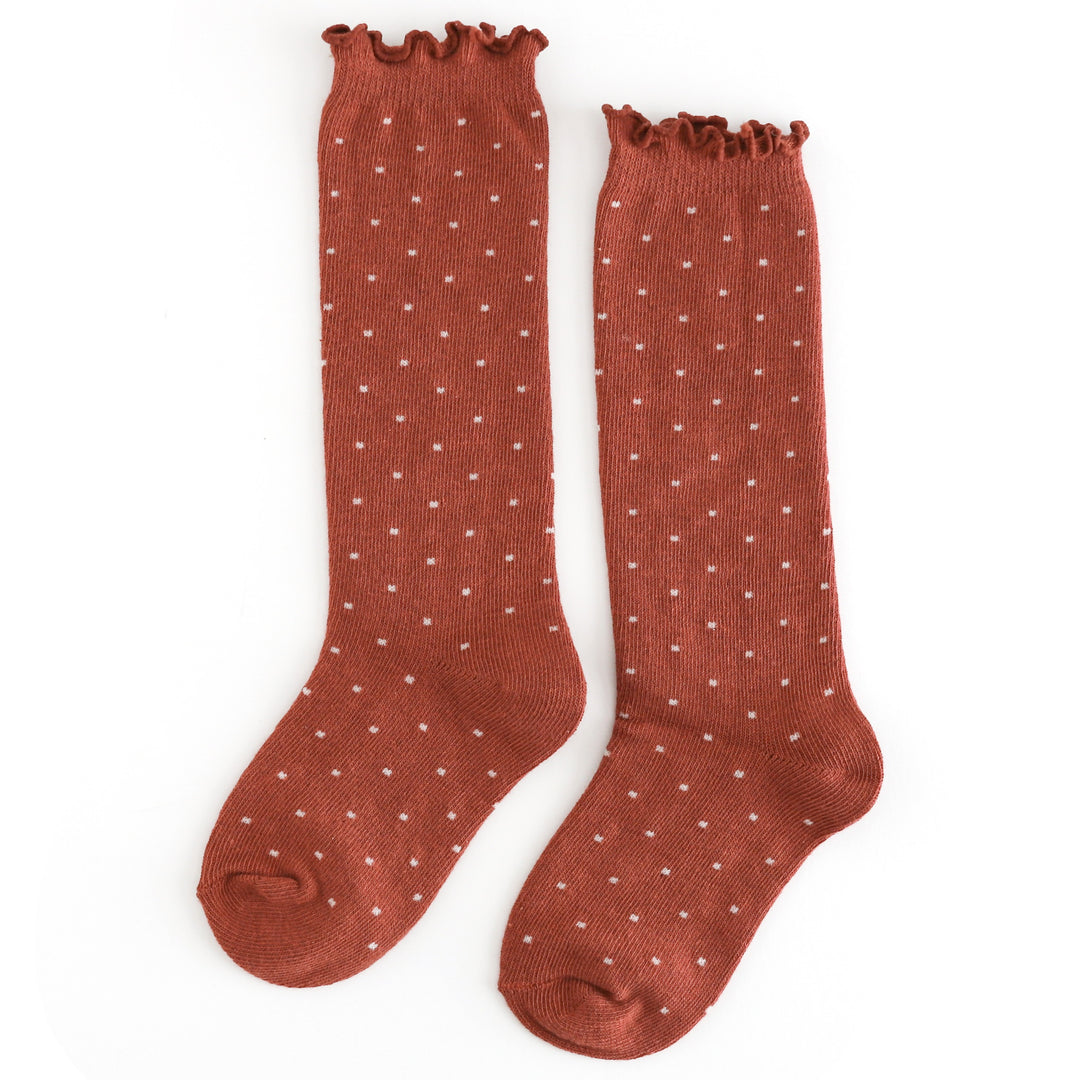 girls rust knee socks with cream dots and lettuce trim for fall