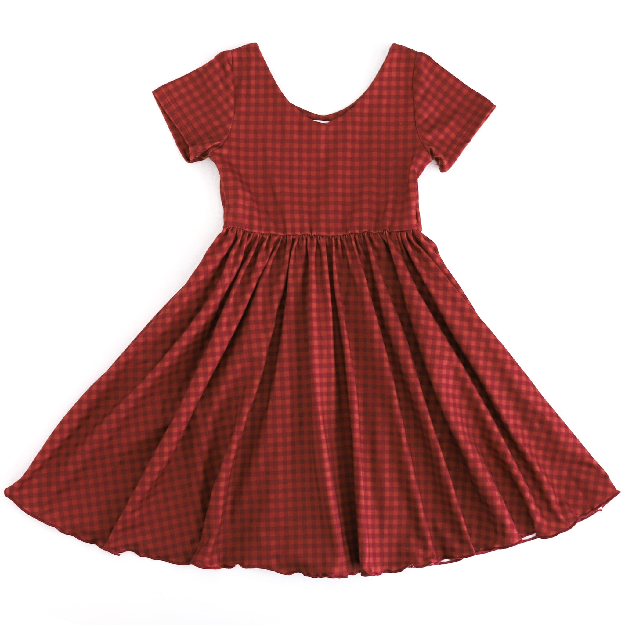 girls' v-neck two tone rust gingham twirl dress with short sleeves and lettuce hem