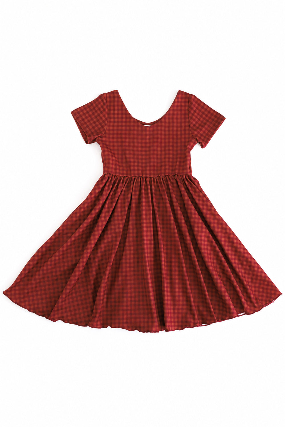 girls' v-neck two tone rust gingham twirl dress with short sleeves and lettuce hem