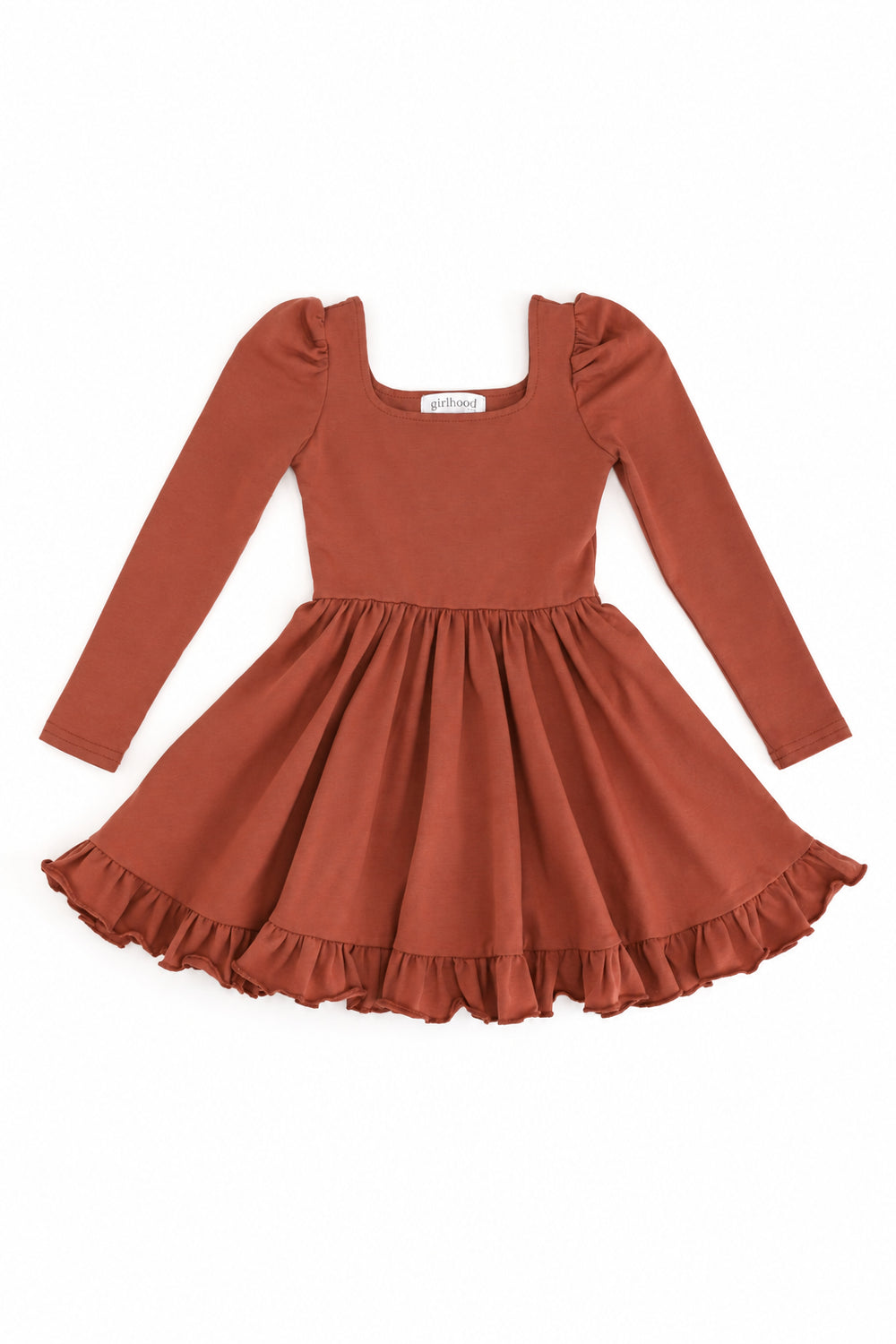 girls' long sleeve rust cotton blend twirl dress with square neckline and ruffled hem