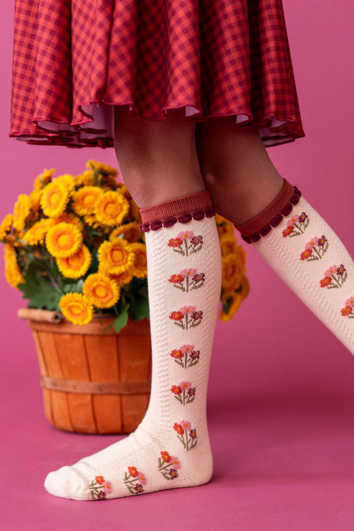 girls fall floral knee high socks in rust and burgundy