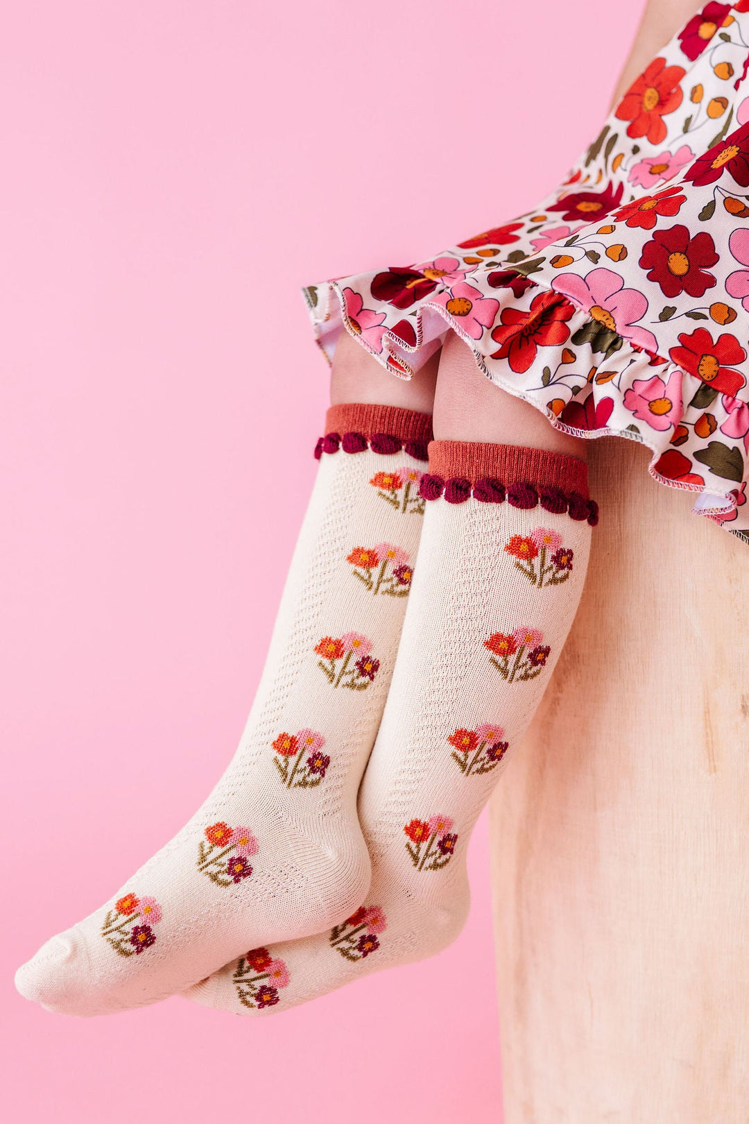 girls fall floral knee high socks with rust, pink and burgundy flowers