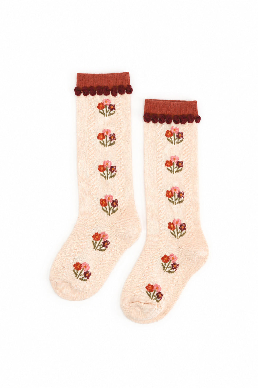 girls' cream knee socks with rust floral  bouquet design and rust trim