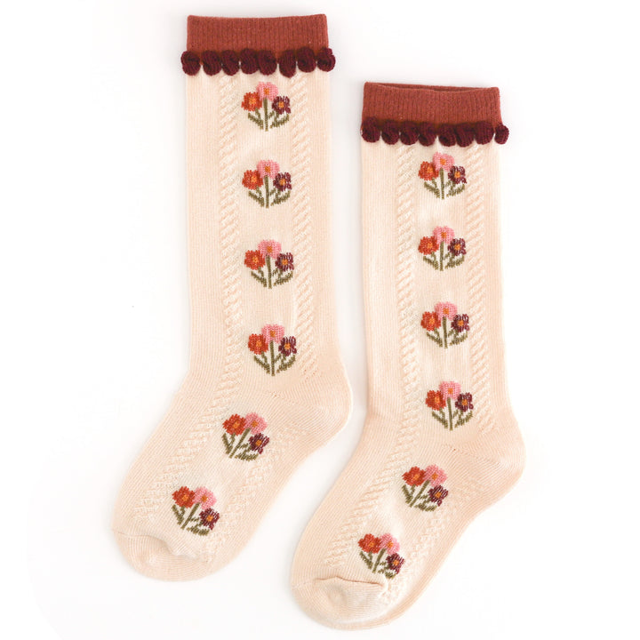 girls' cream knee socks with rust floral  bouquet design and rust trim