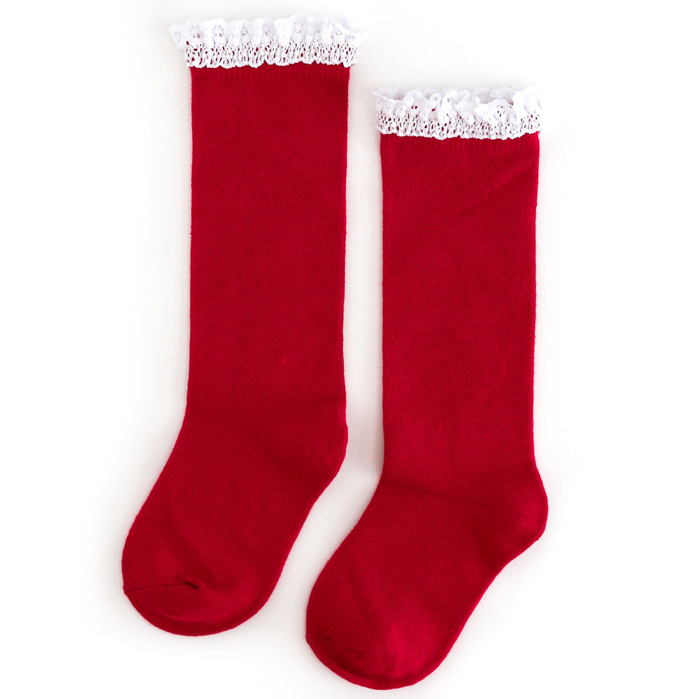 red knee high socks with white lace trim for girls christmas