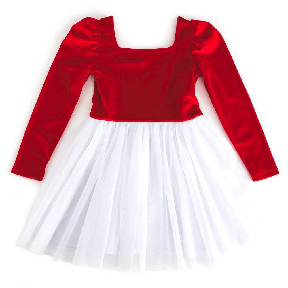 girls christmas dress with red velvet top and white tulle skirt