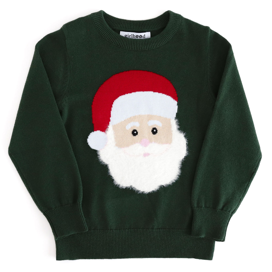 deep green knit Christmas sweater with Santa face design and fluffy white beard