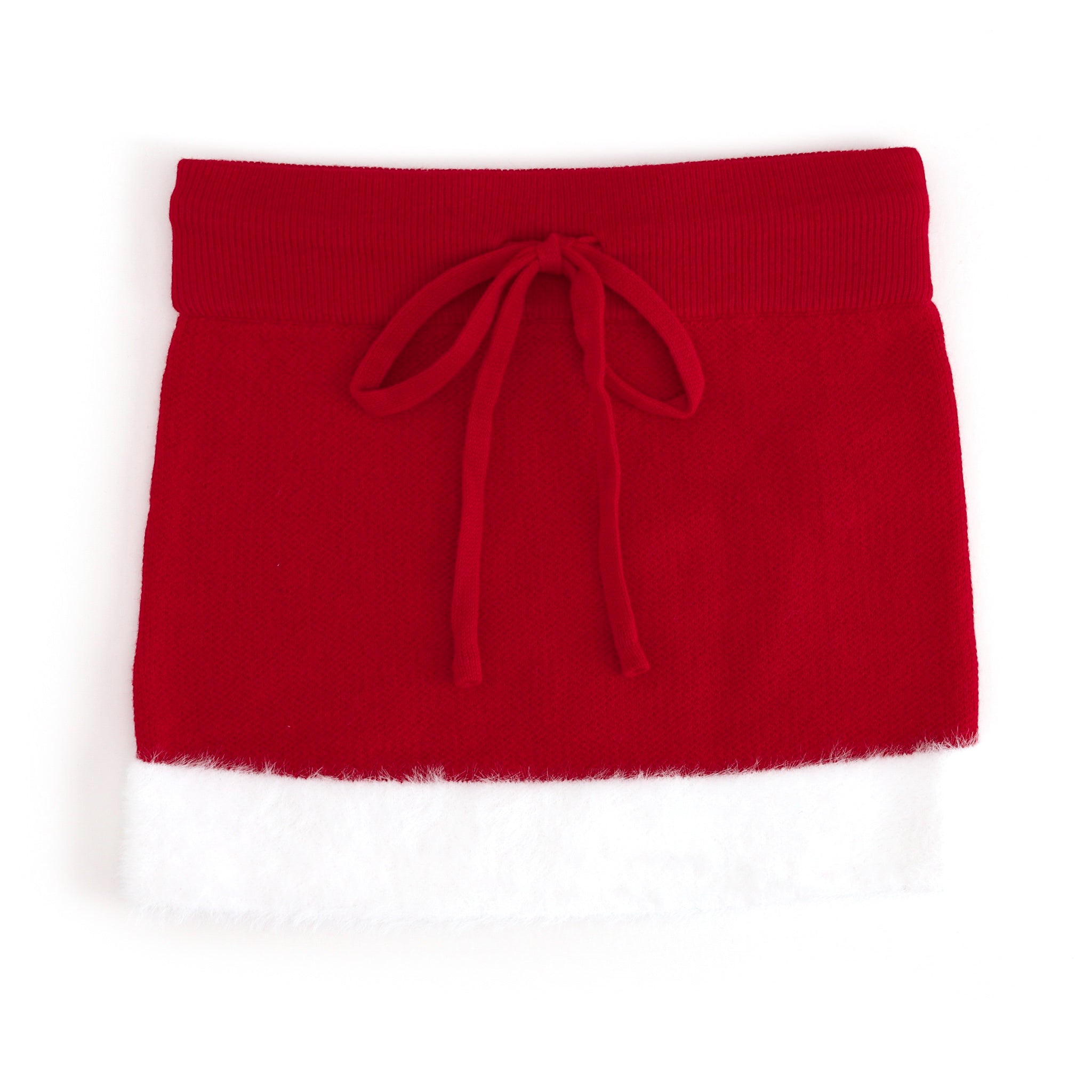 girls' bright red knit sweater skirt with drawstring waistband and fluffy white trim