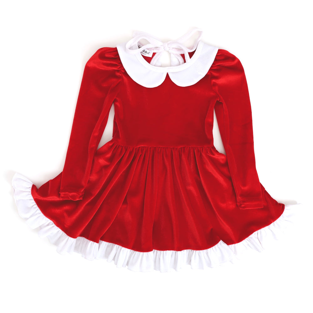 little girls long sleeve red velvet dress with white collar and ruffle for Christmas