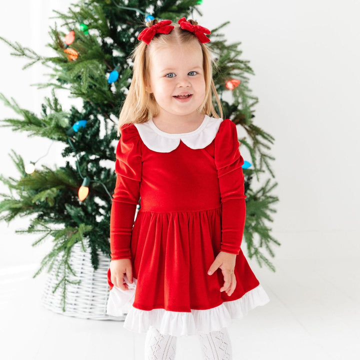 santa velvet dress for little girls with matching red velvet hair bows