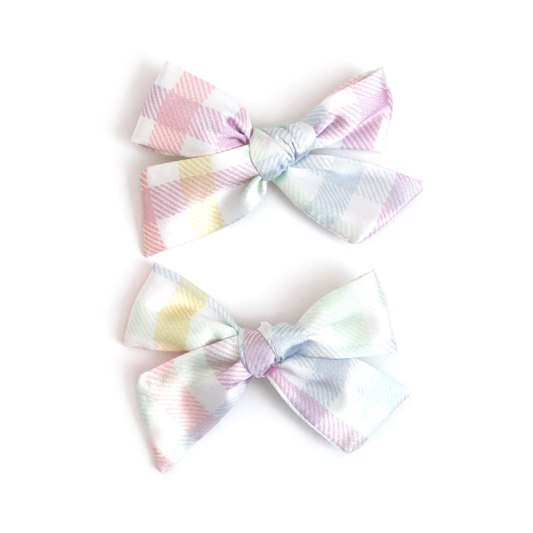 girls' pastel gingham print satin pigtail hairbows on clips for easter and spring