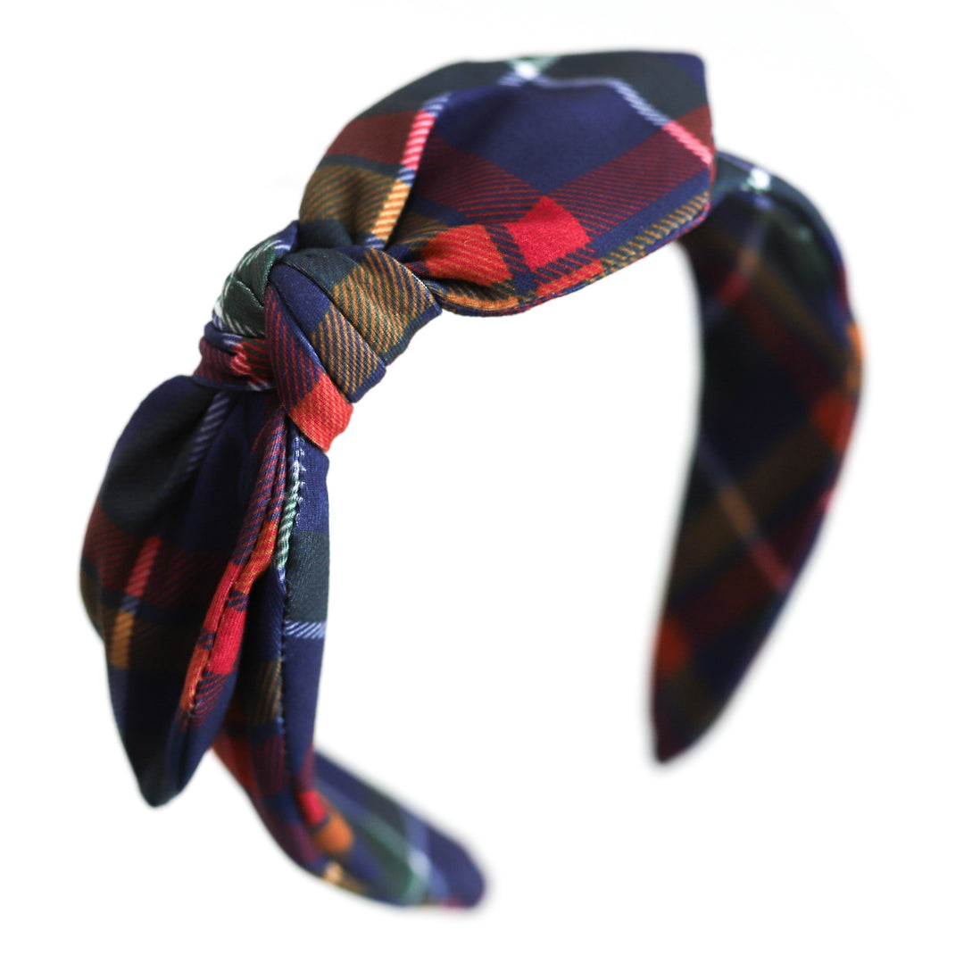 girl's navy school plaid headband with knotted bow