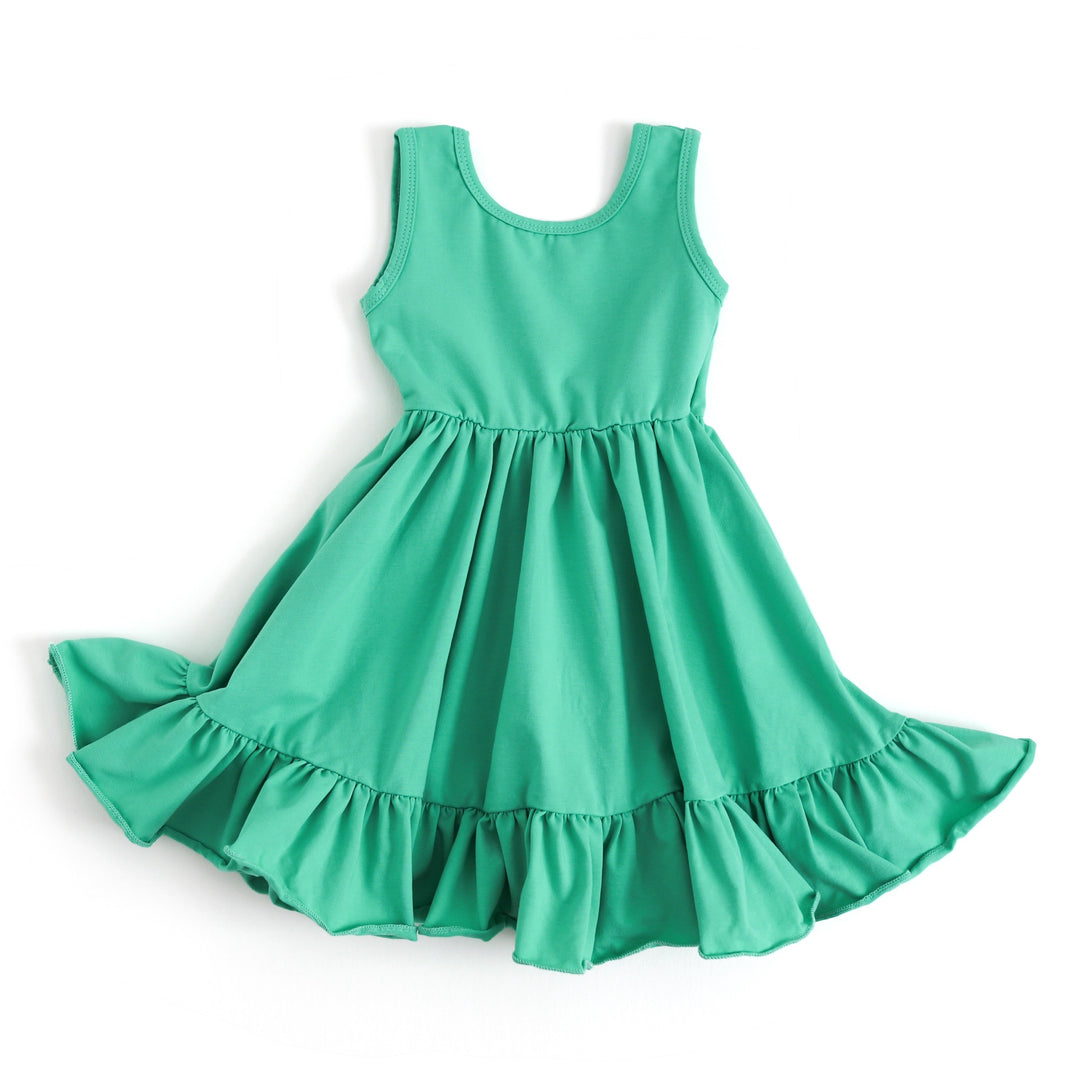 sea glass green girls' tank top twirl dress with scoop neck and side pockets