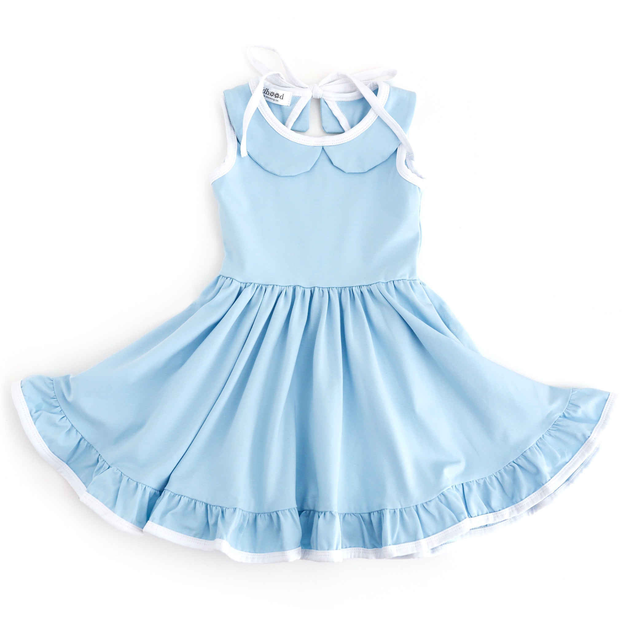 girls light blue twirl dress with white trim and peter pan collar