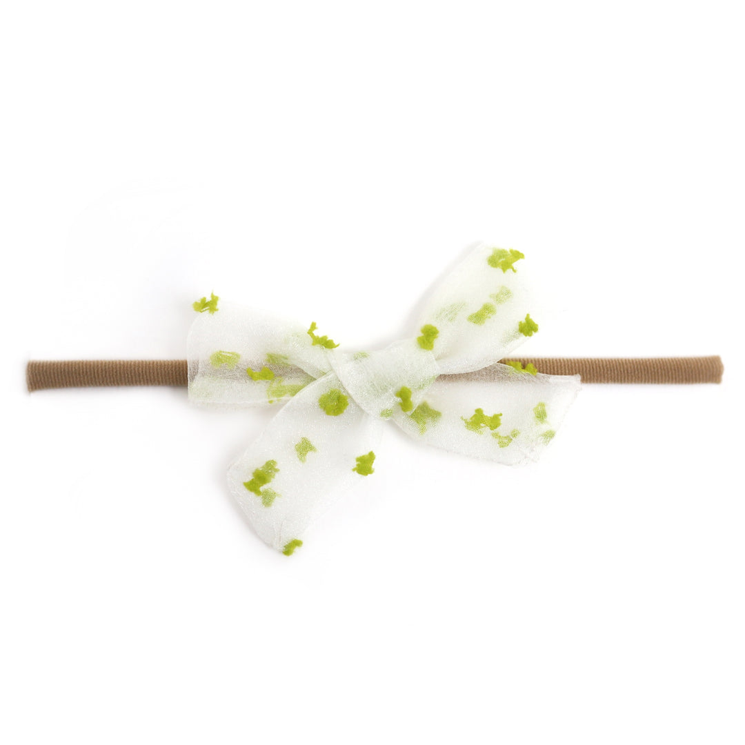 sheer white and lime green dot baby bow