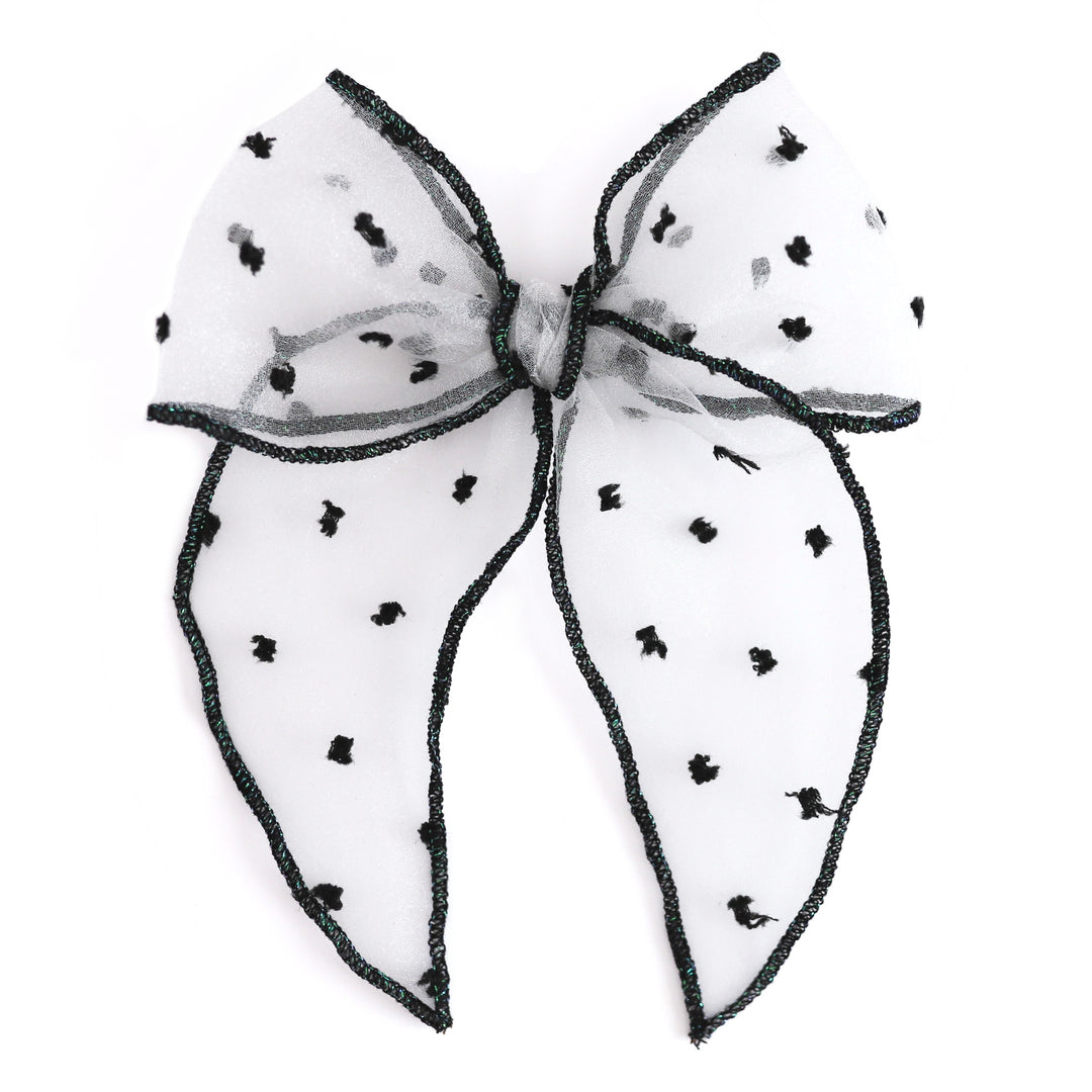 girl's sheer white bow with black embroidered dots and sparkly black trim for Halloween