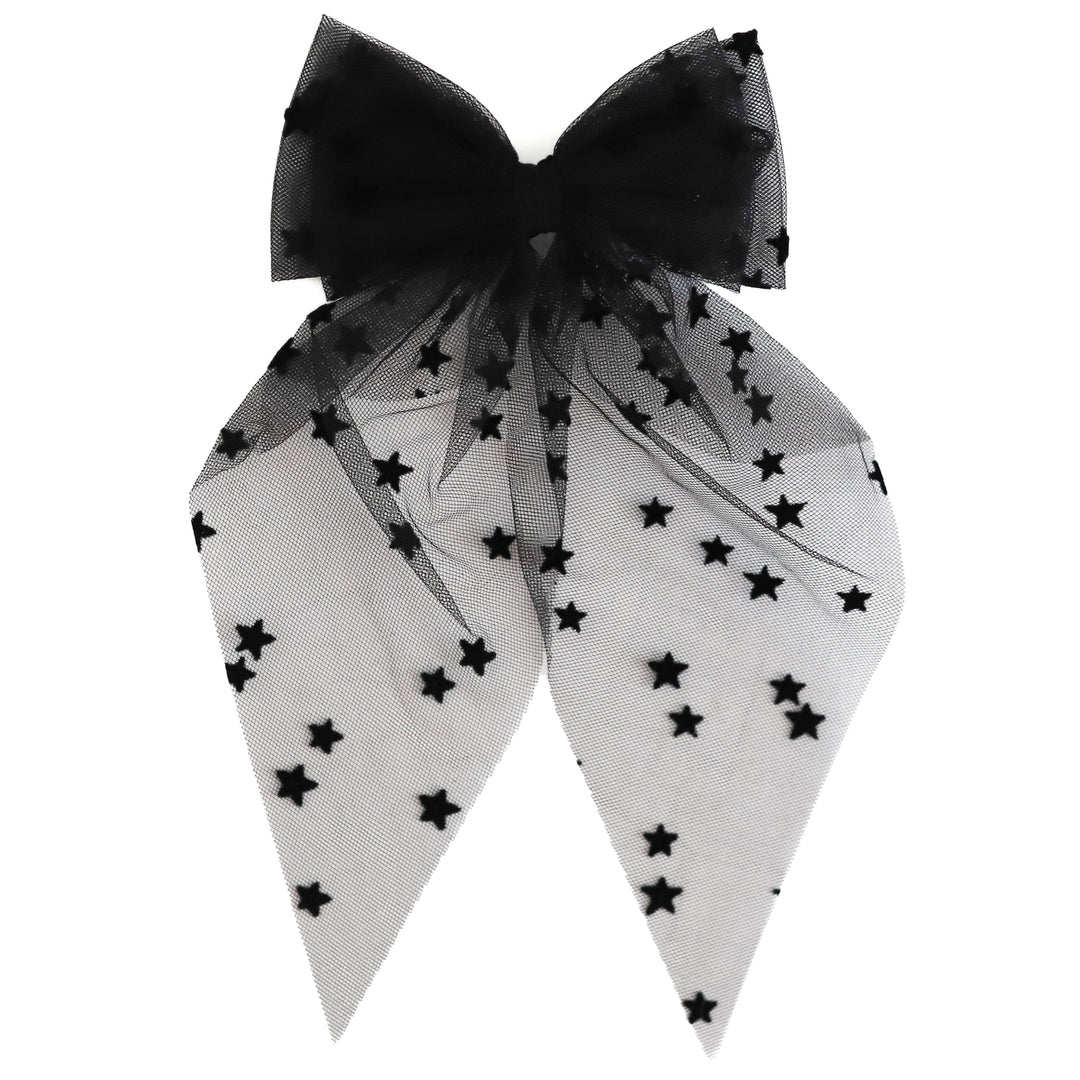 girls sheer black tulle hair bow with black fuzzy star design on alligator clip