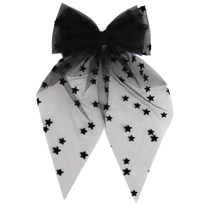 girls sheer black tulle hair bow with black fuzzy star design on alligator clip