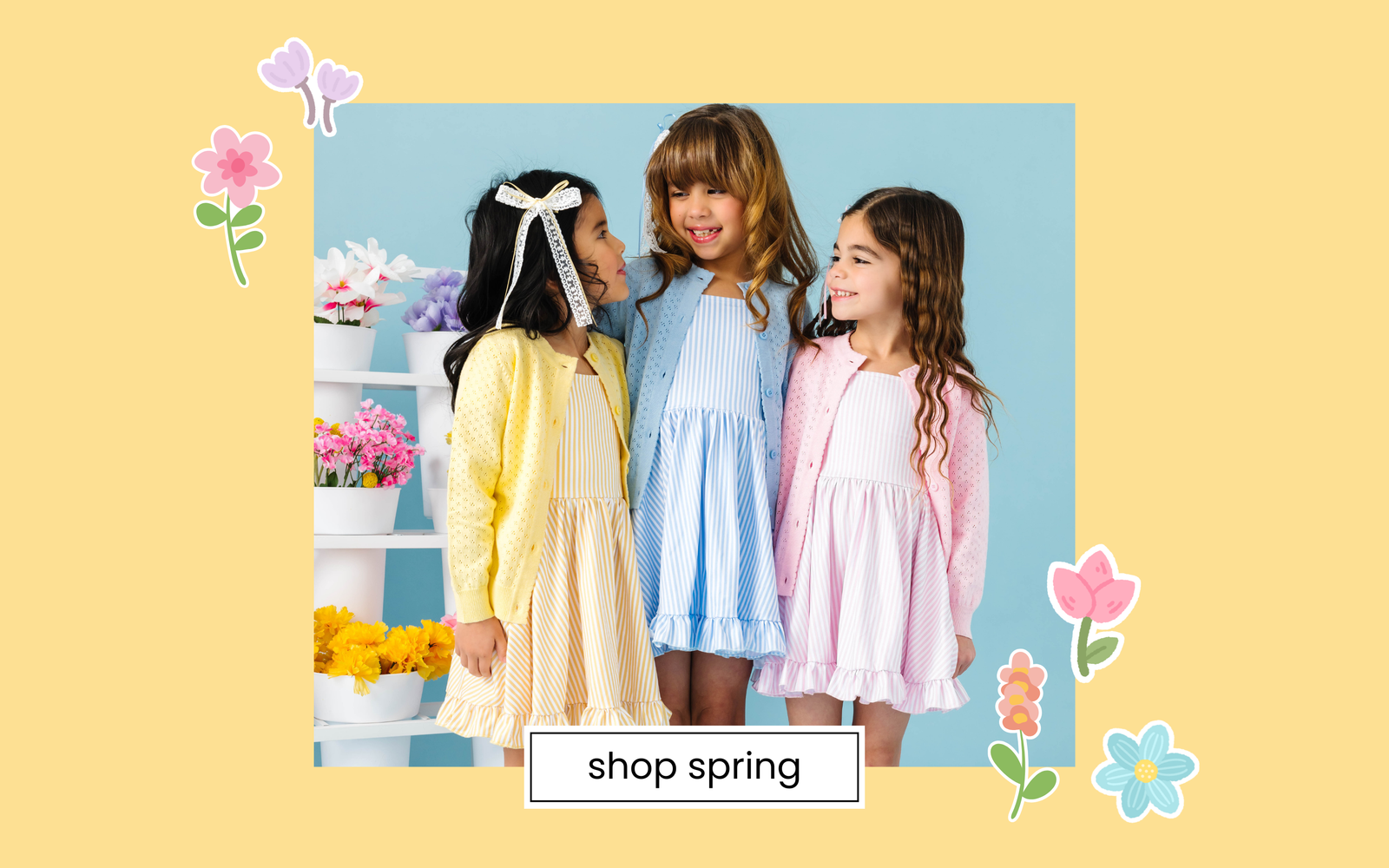 photo of three young girls in pinstripe dresses and matching sweaters in pastel yellow, blue and pink colors with text that says shop spring